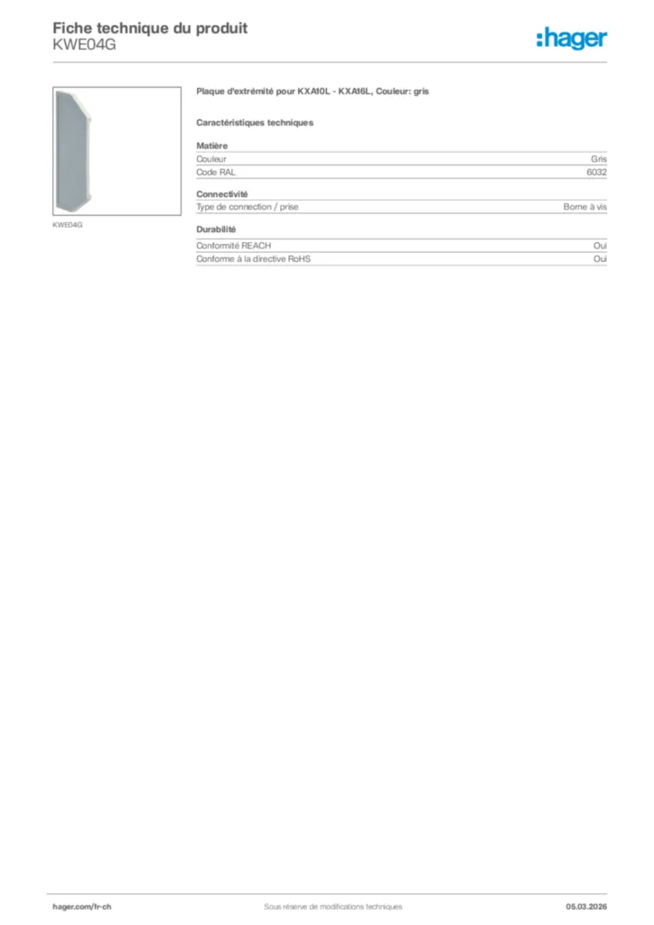 Image Hager Fiche technique du produit KWE04G | Hager Suisse