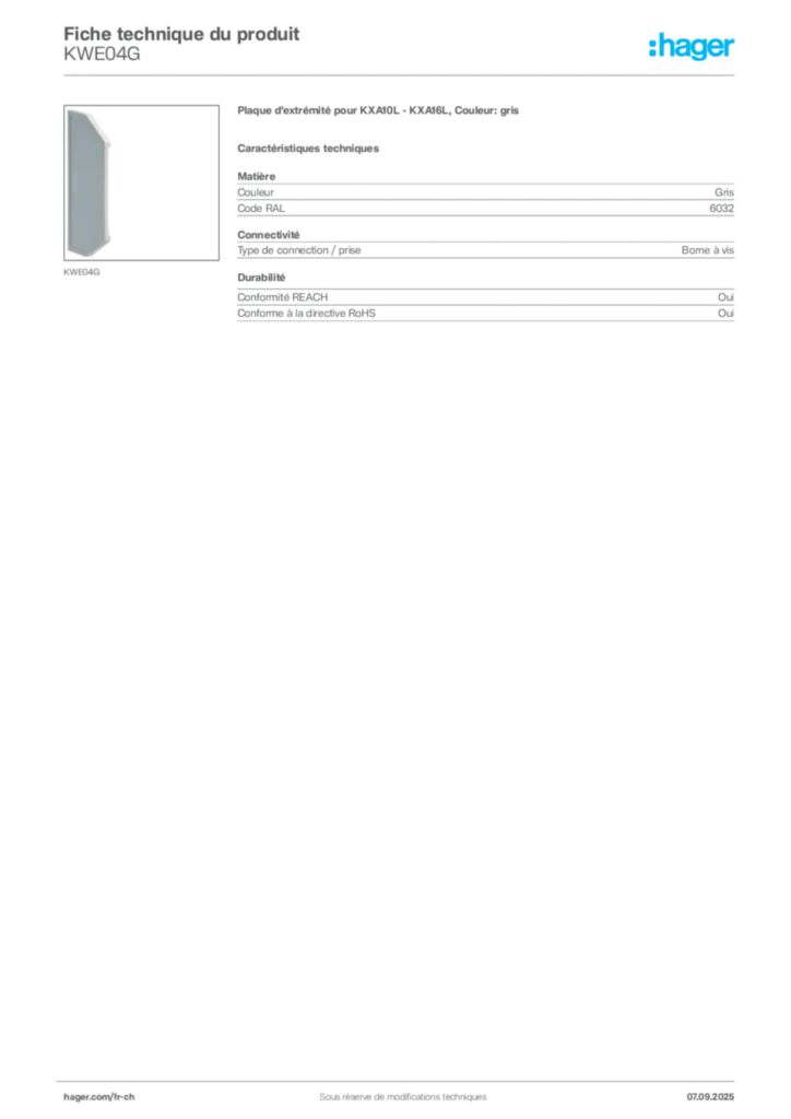 Image Hager Fiche technique du produit KWE04G | Hager Suisse