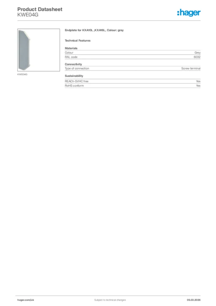 Image Hager Product data sheet KWE04G  | Hager