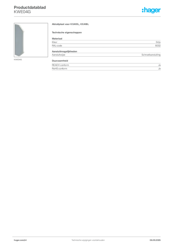 Afbeelding Hager Productdatablad KWE04G | Hager Nederland