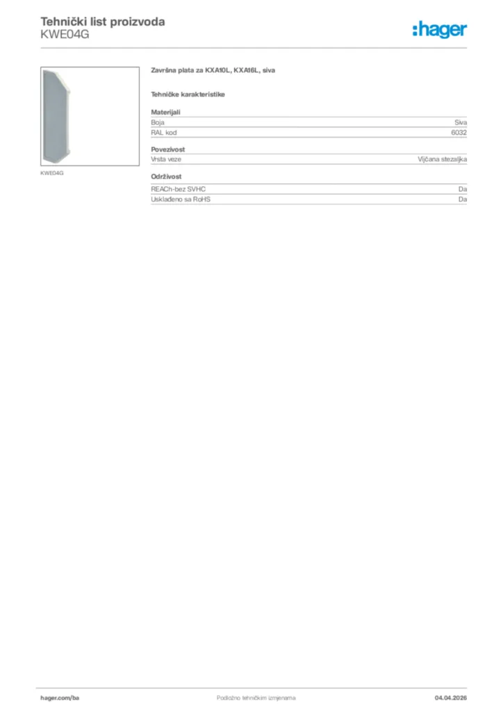 Slika Hager Tehnički list proizvoda KWE04G  | Hager