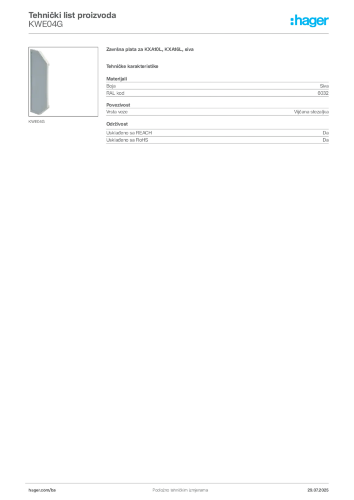 Slika Hager Product data sheet KWE04G  | Hager