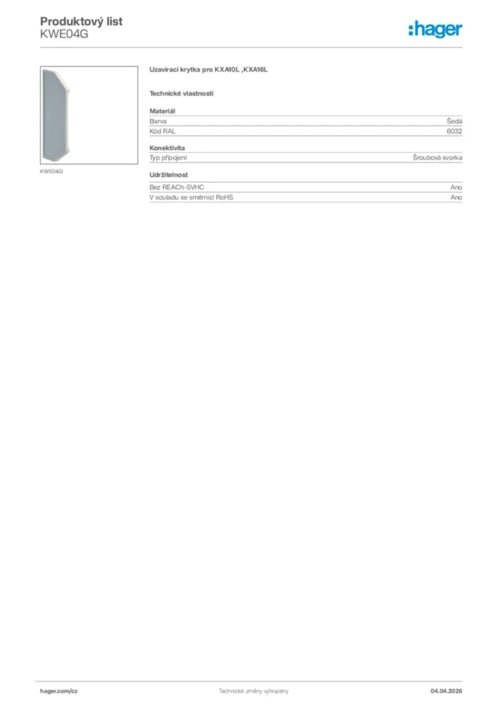 Obrázek Hager Product data sheet KWE04G | Hager
