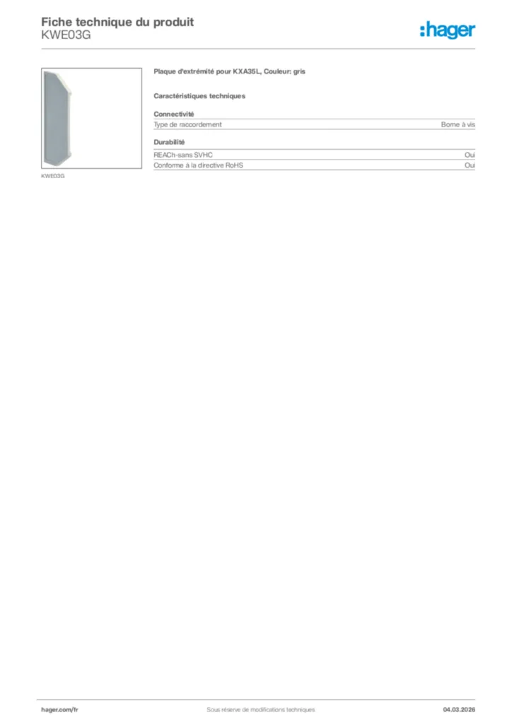 Image Hager Fiche technique du produit KWE03G | Hager France