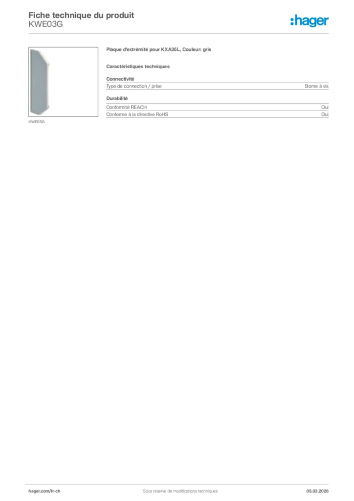 Image Hager Fiche technique du produit KWE03G | Hager Suisse