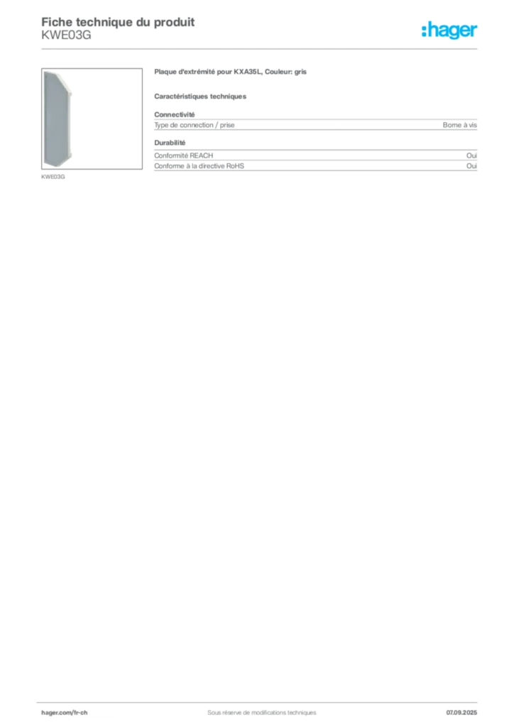 Image Hager Fiche technique du produit KWE03G | Hager Suisse
