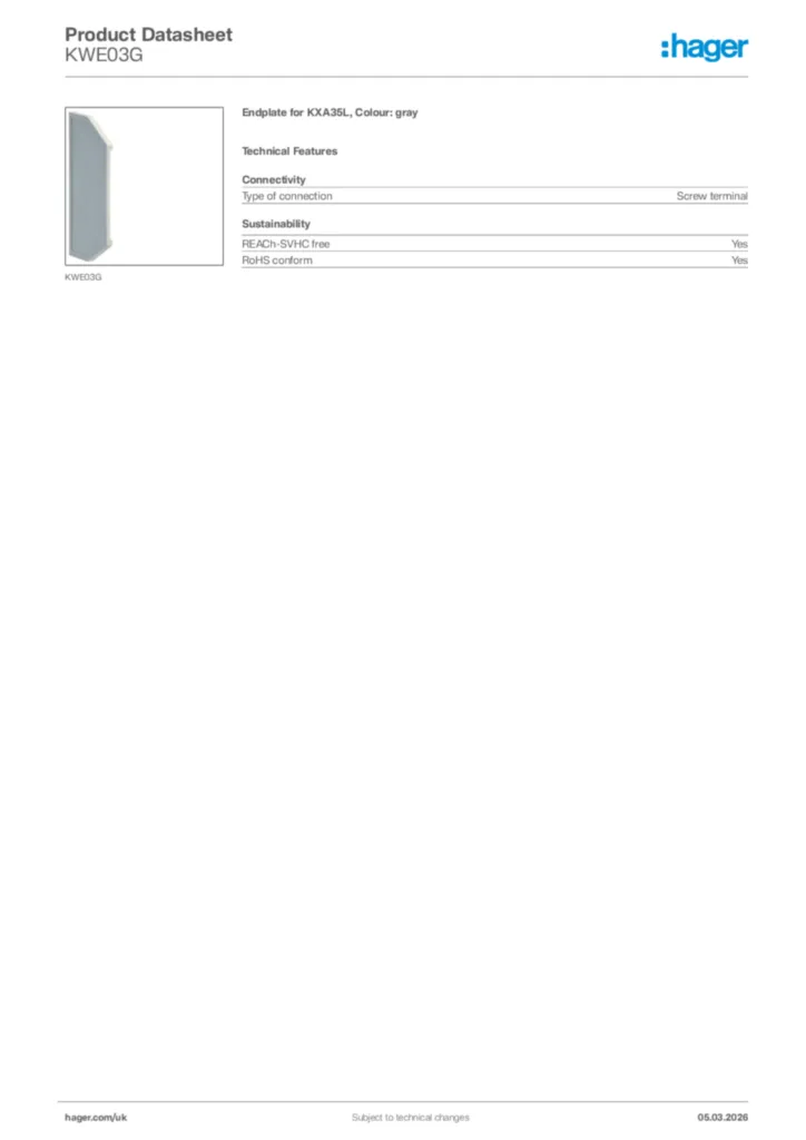 Image Hager Product data sheet KWE03G  | Hager