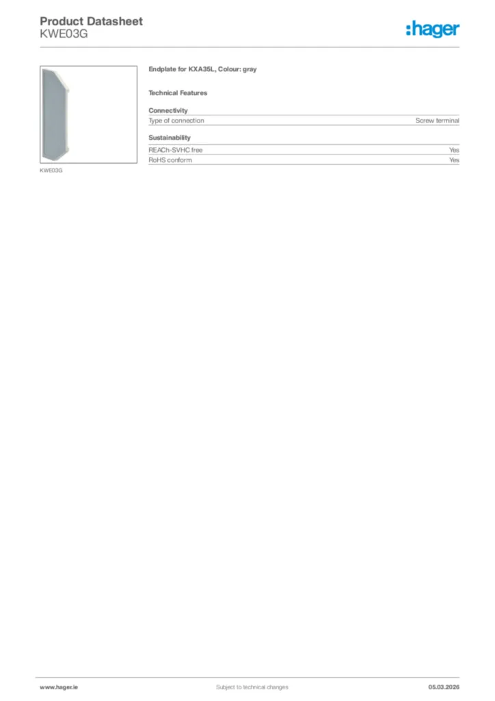 Image Hager Product data sheet KWE03G  | Hager