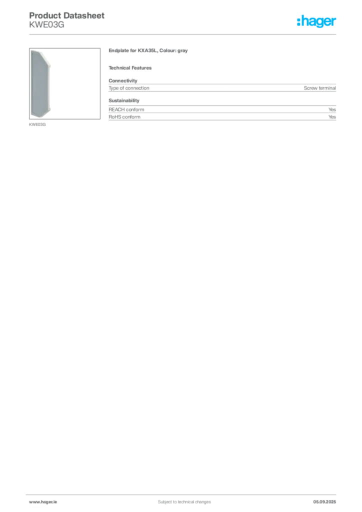 Image Hager Product data sheet KWE03G  | Hager