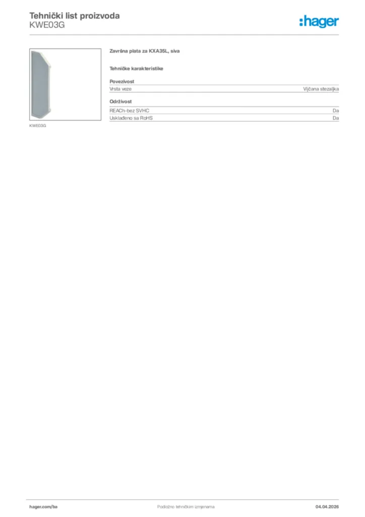 Slika Hager Tehnički list proizvoda KWE03G  | Hager