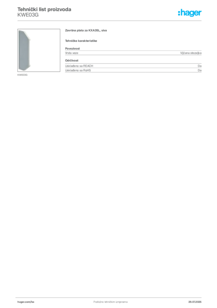 Slika Hager Product data sheet KWE03G  | Hager