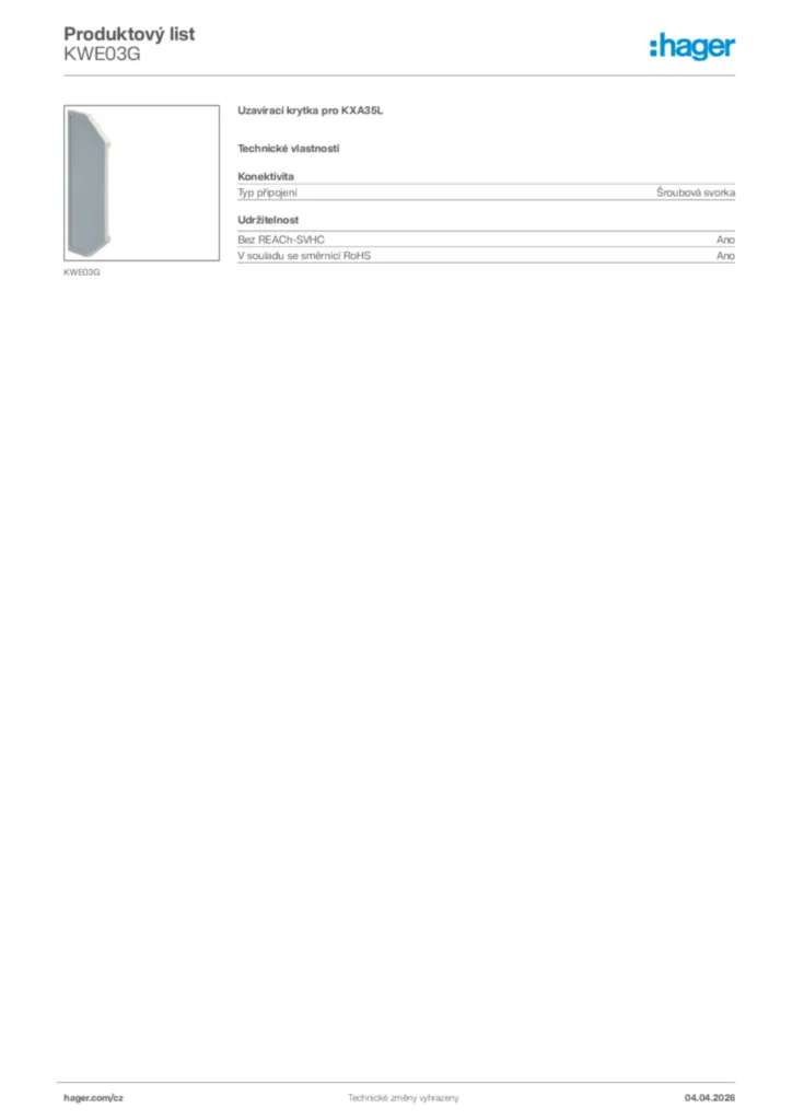 Obrázek Hager Product data sheet KWE03G | Hager