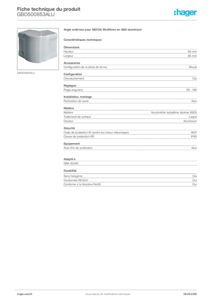 Image Hager Fiche technique du produit GBD500853ALU | Hager France