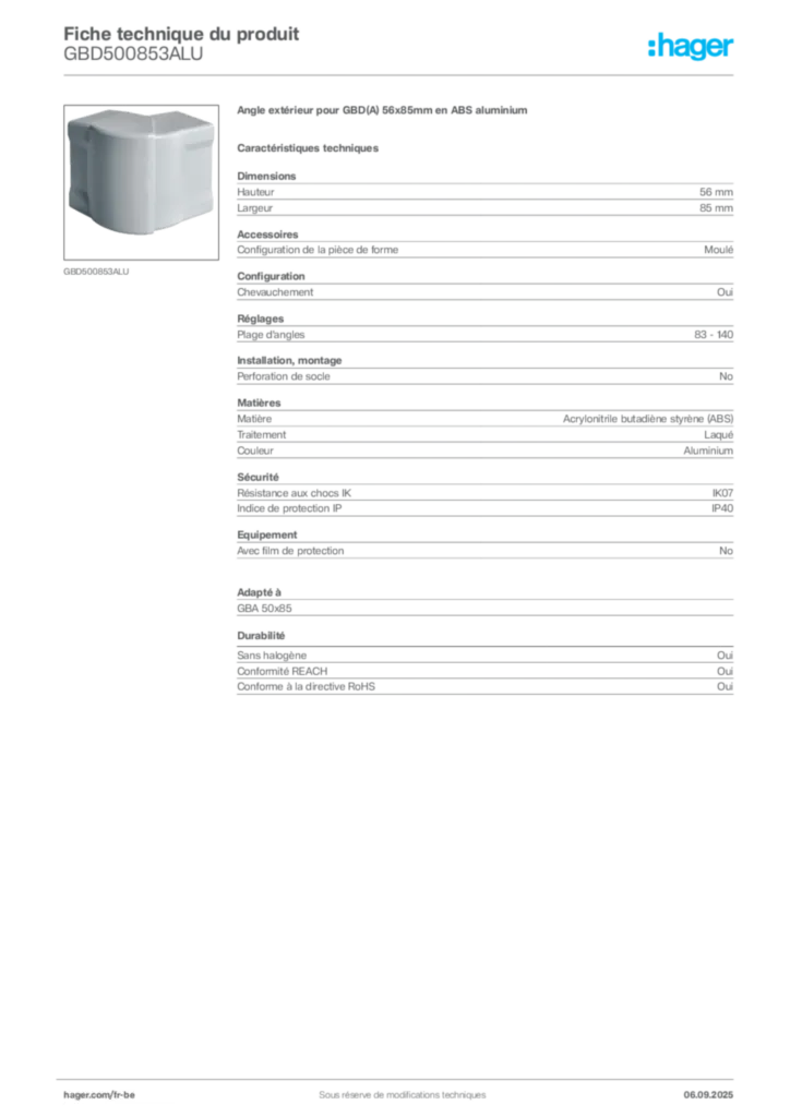 Image Hager Fiche technique du produit GBD500853ALU | Hager Belgique
