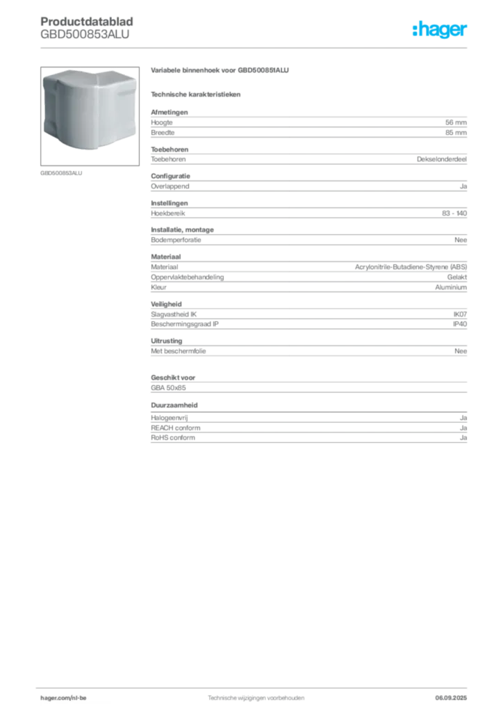 Afbeelding Hager Productdatablad GBD500853ALU | Hager Belgium