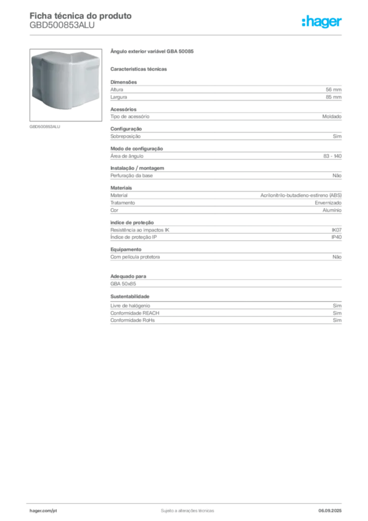 Imagem Hager Ficha técnica do produto GBD500853ALU | Hager Portugal