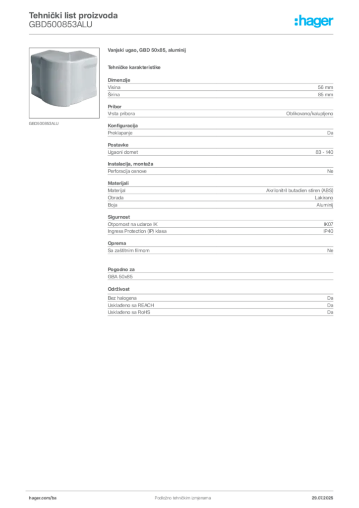 Slika Hager Product data sheet GBD500853ALU  | Hager