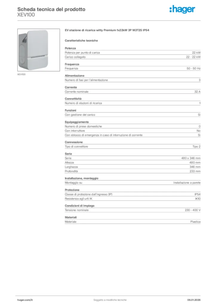 Immagine Hager Scheda tecnica del prodotto XEV100 | Hager Italia