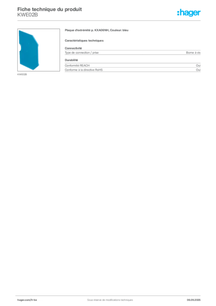 Image Hager Fiche technique du produit KWE02B | Hager Belgique
