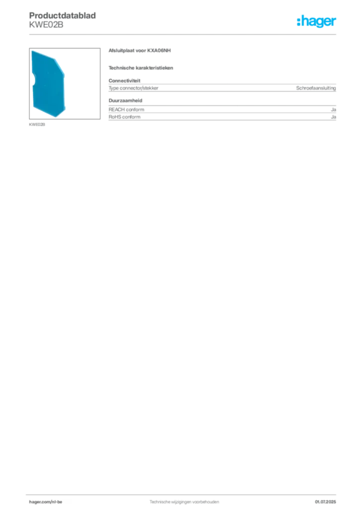 Afbeelding Hager Productdatablad KWE02B | Hager Belgium