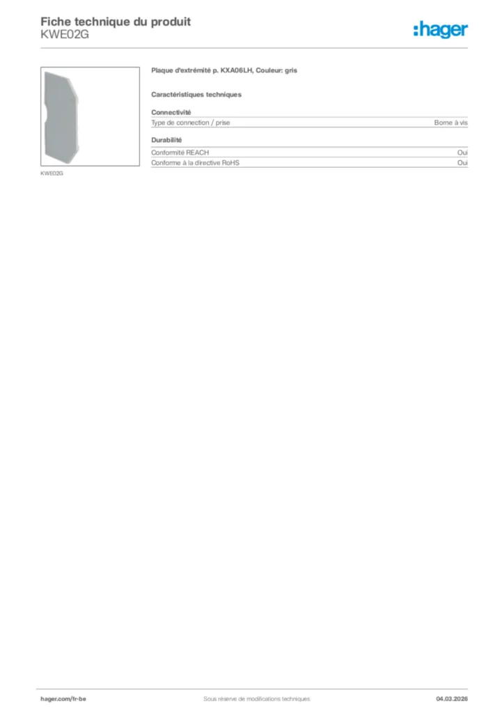 Image Hager Fiche technique du produit KWE02G | Hager Belgique