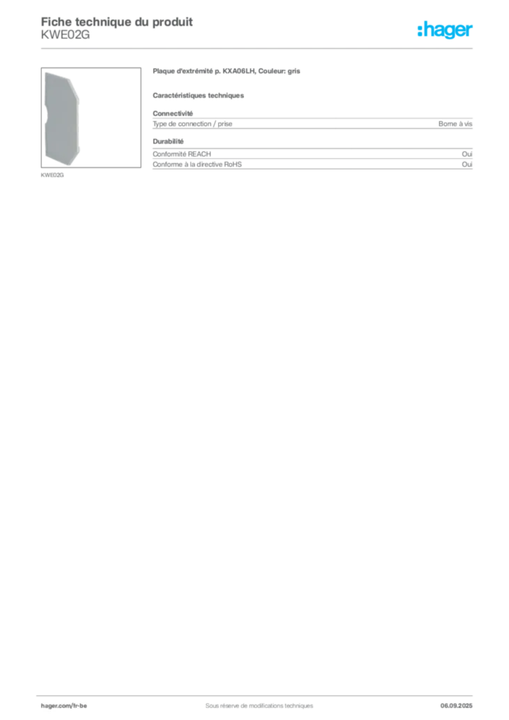 Image Hager Fiche technique du produit KWE02G | Hager Belgique