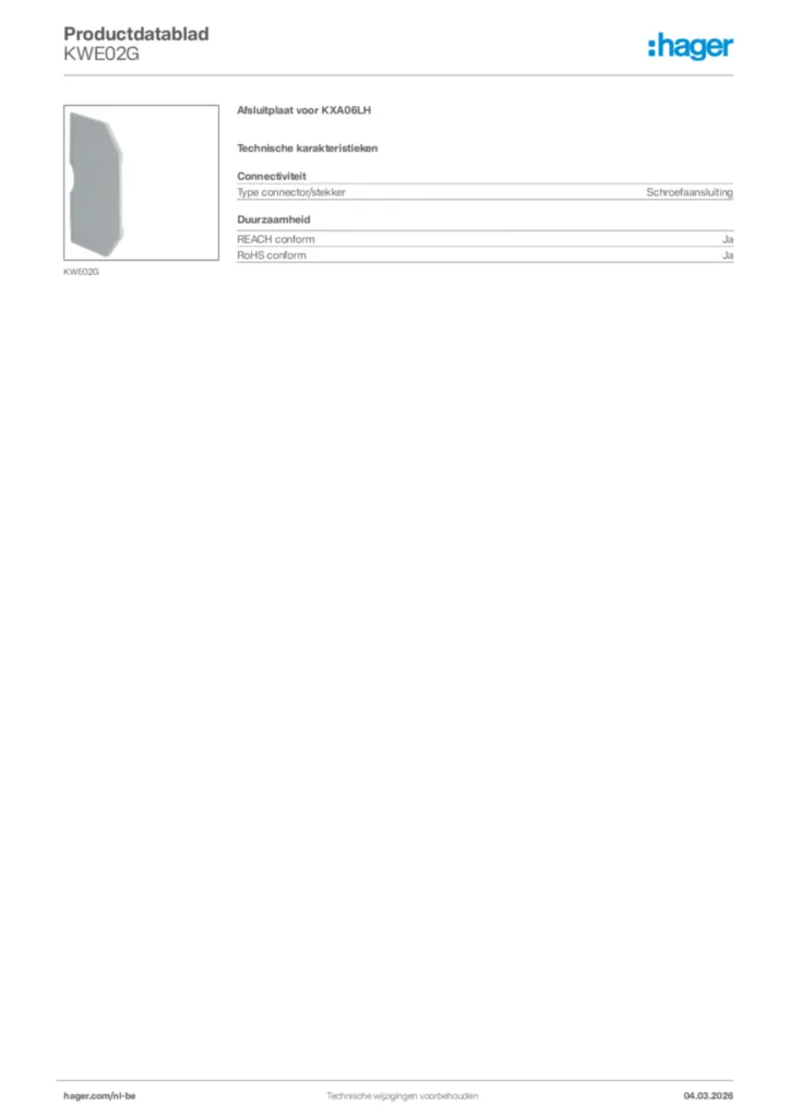 Afbeelding Hager Productdatablad KWE02G | Hager Belgium