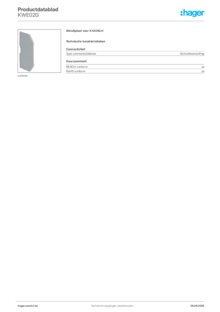 Afbeelding Hager Productdatablad KWE02G | Hager Belgium