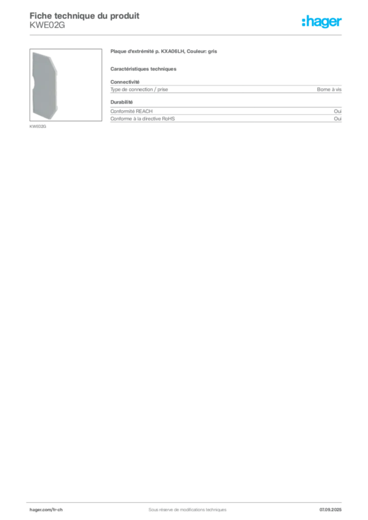 Image Hager Fiche technique du produit KWE02G | Hager Suisse