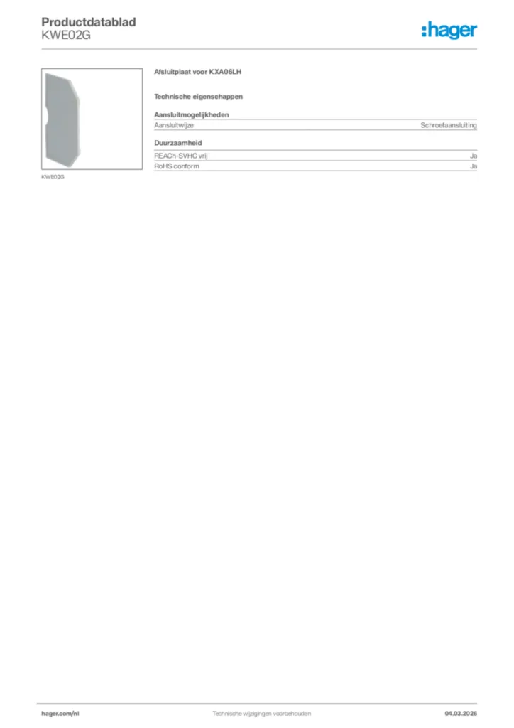 Afbeelding Hager Productdatablad KWE02G | Hager Nederland
