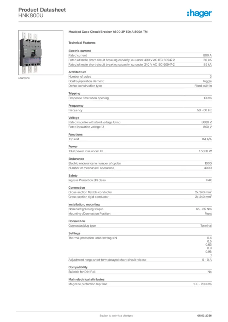 Image Hager Product data sheet HNK800U  | Hager Africa