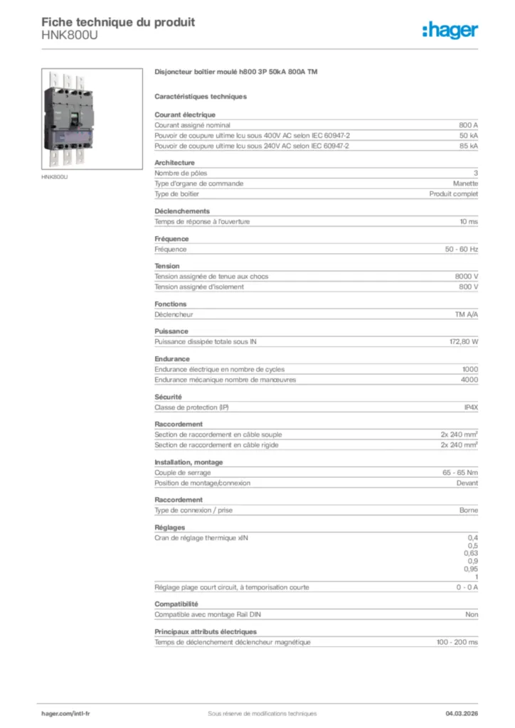 Image Hager Fiche technique du produit HNK800U | Hager Afrique