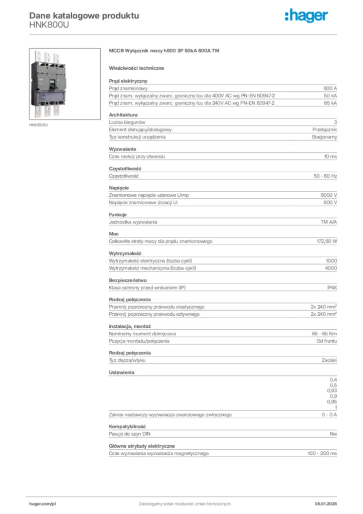 Zdjęcie Hager Karta katalogowa HNK800U | Hager Polska
