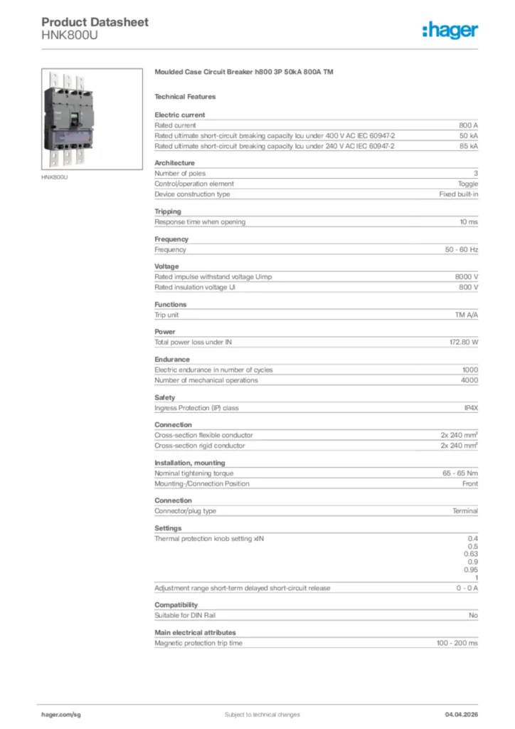 Image Hager Product data sheet HNK800U  | Hager