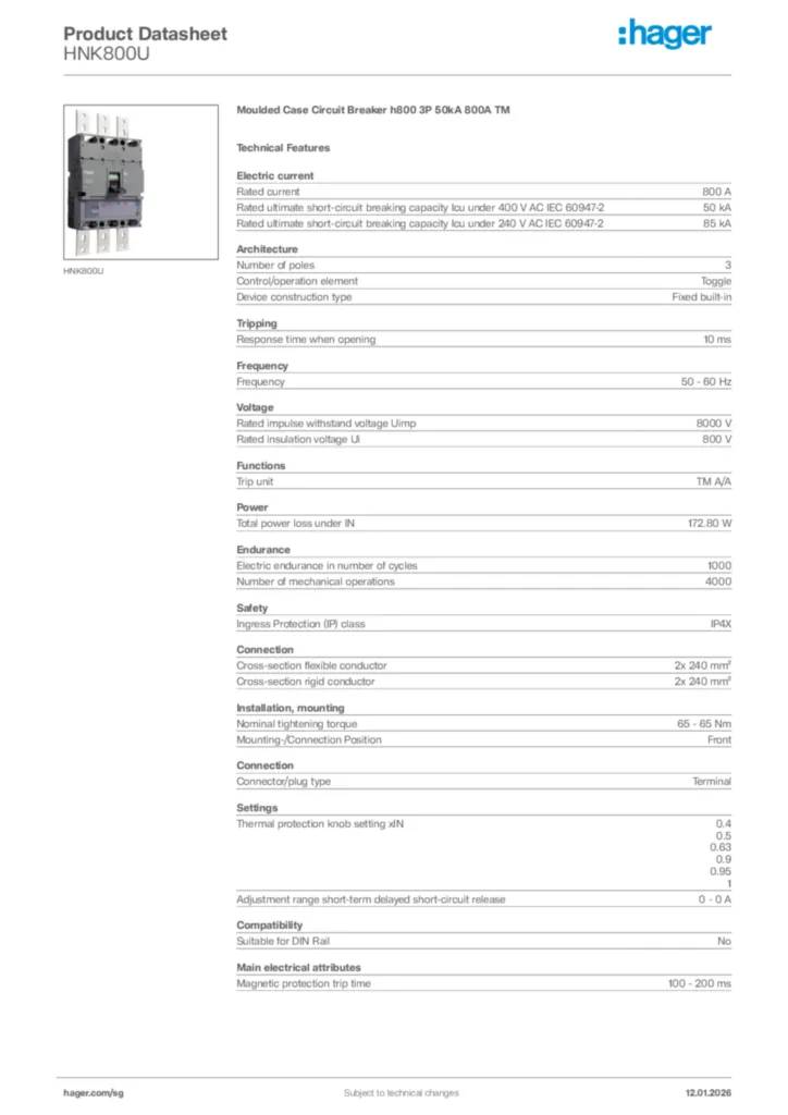 Image Hager Product data sheet HNK800U  | Hager