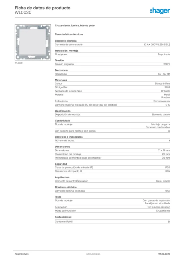 Imagen Hager Ficha de datos de producto WL0030 | Hager España