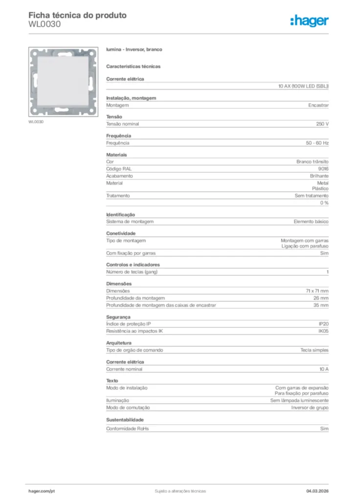 Imagem Hager Ficha técnica do produto WL0030 | Hager Portugal