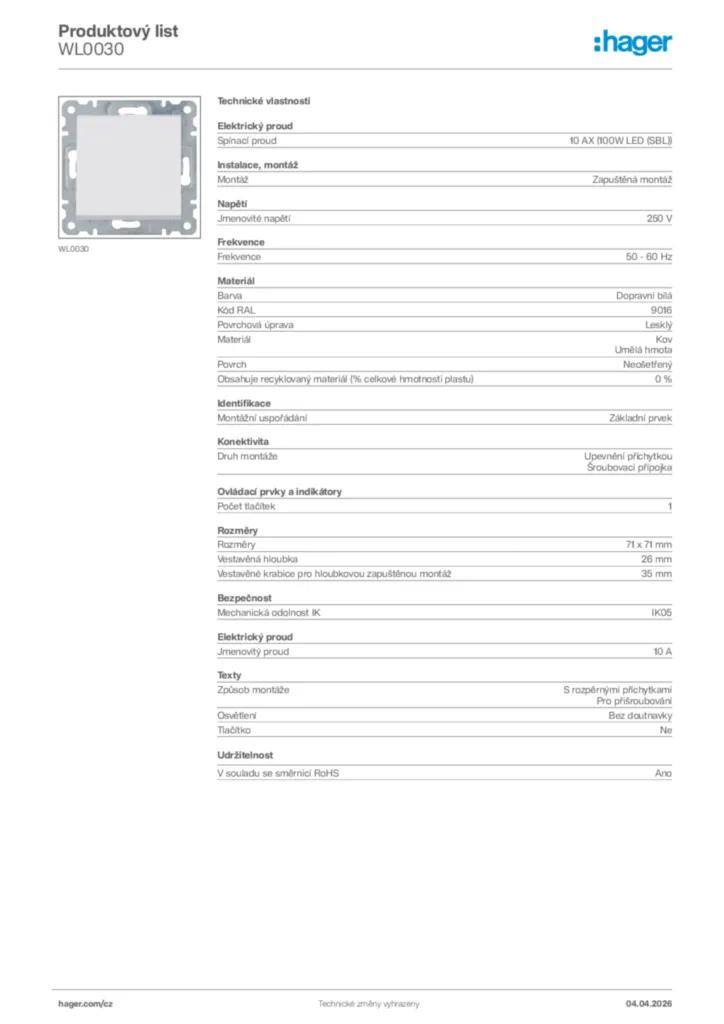 Obrázek Hager Product data sheet WL0030 | Hager