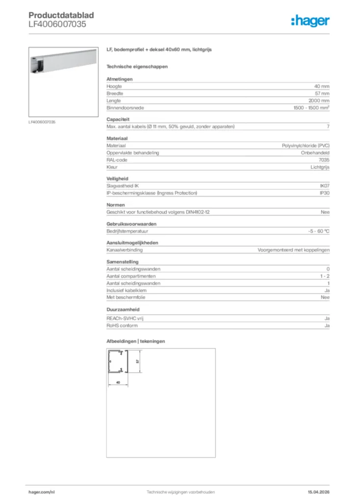 Afbeelding Hager Productdatablad LF4006007035 | Hager Nederland