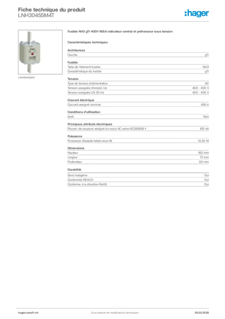 Image Hager Fiche technique du produit LNH30455M4T | Hager Suisse