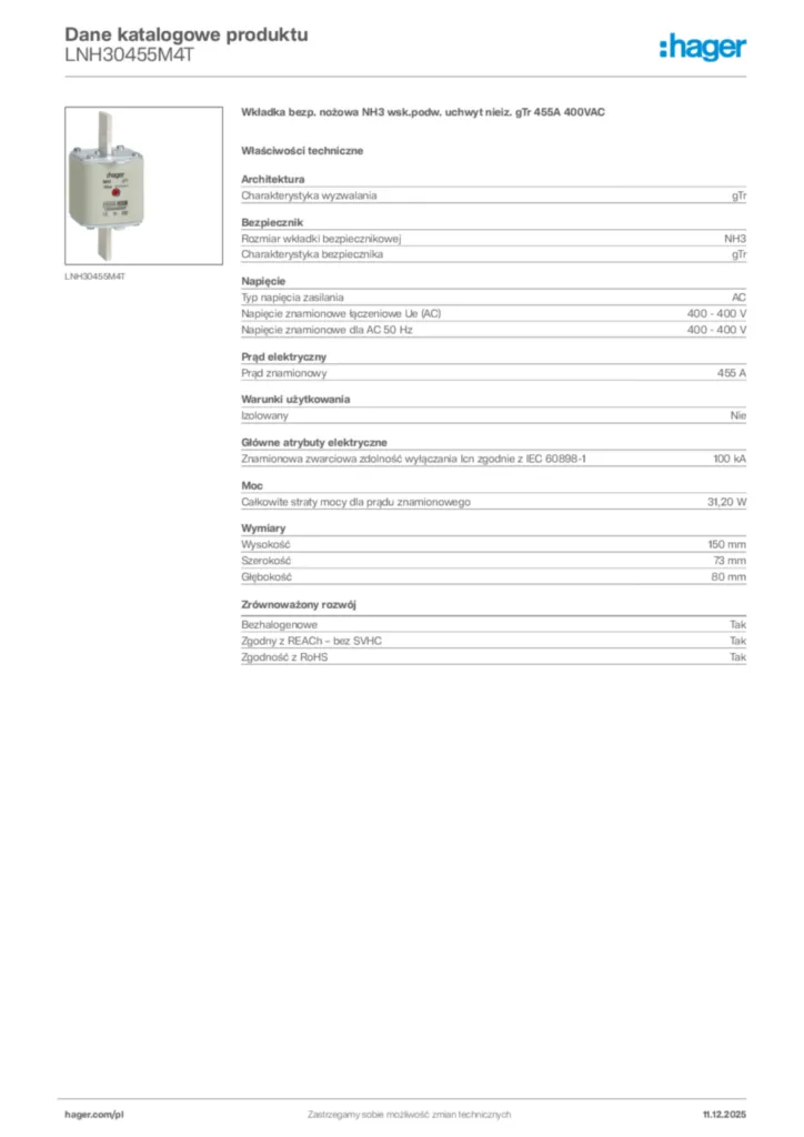 Zdjęcie Hager Dane katalogowe produktu LNH30455M4T | Hager Polska