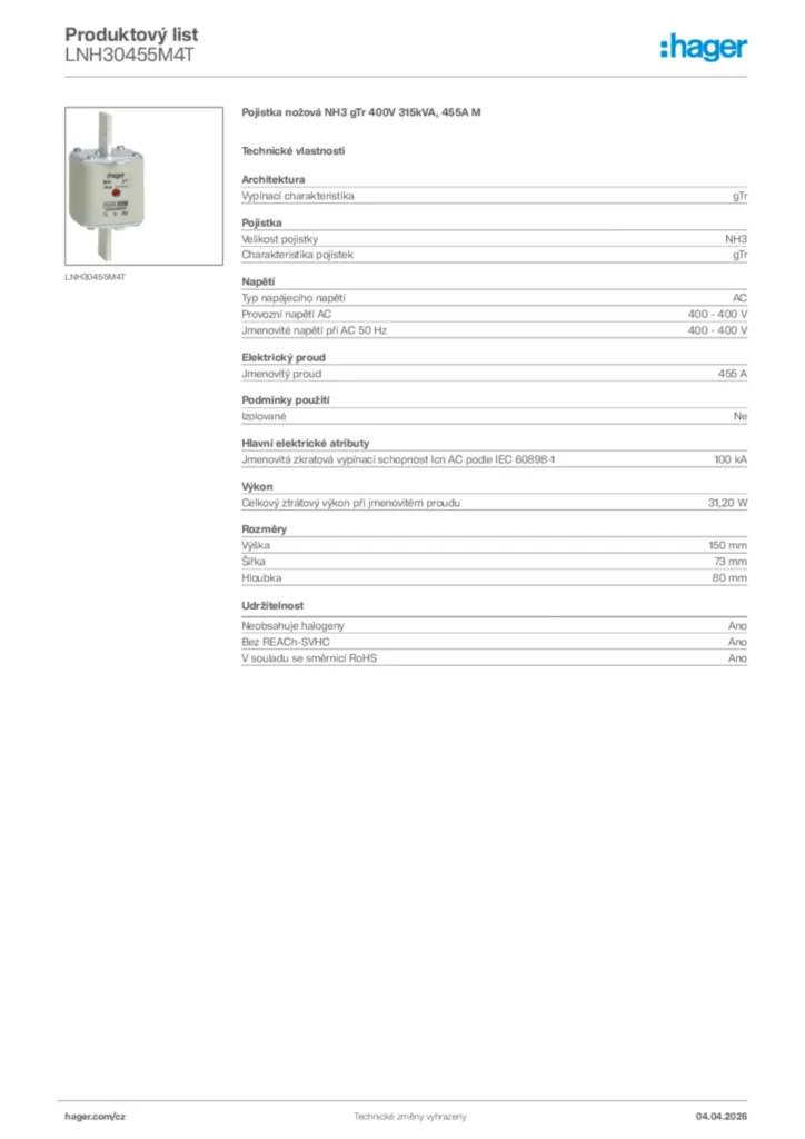 Obrázek Hager Product data sheet LNH30455M4T | Hager