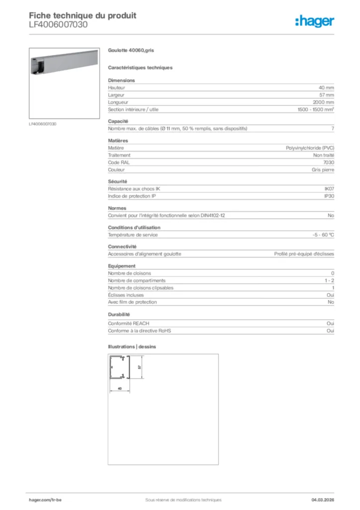 Image Hager Fiche technique du produit LF4006007030 | Hager Belgique
