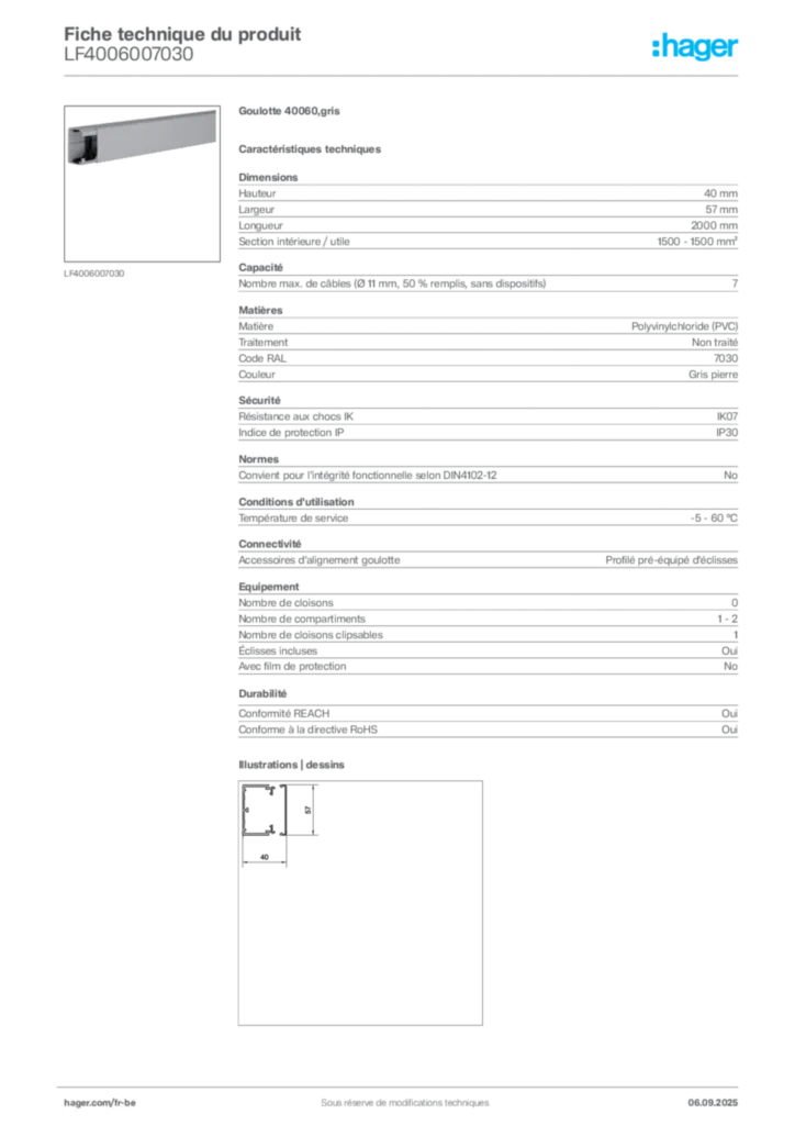 Image Hager Fiche technique du produit LF4006007030 | Hager Belgique