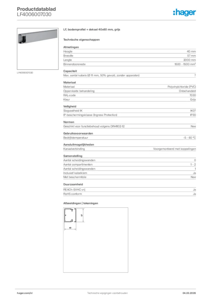 Afbeelding Hager Productdatablad LF4006007030 | Hager Nederland