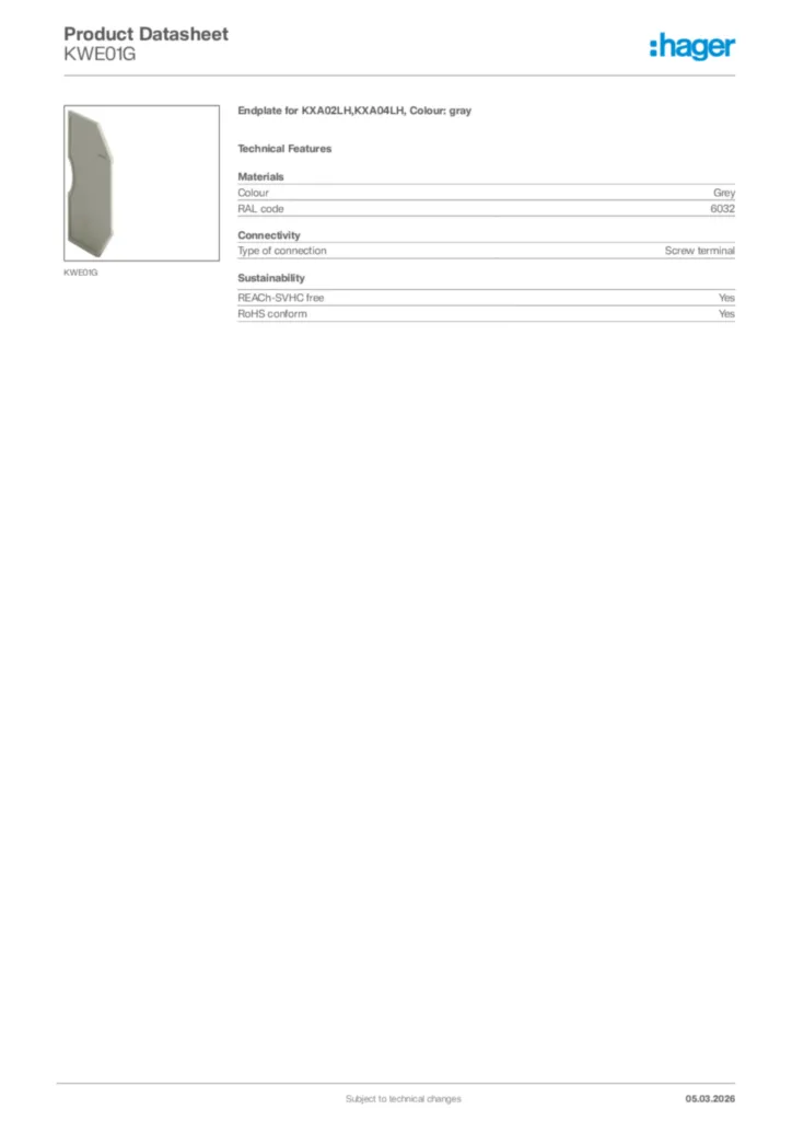 Image Hager Product data sheet KWE01G  | Hager Africa