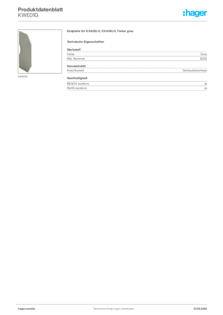 Bild Hager Produktdatenblatt KWE01G | Hager Deutschland