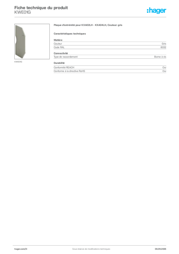 Image Hager Fiche technique du produit KWE01G | Hager France