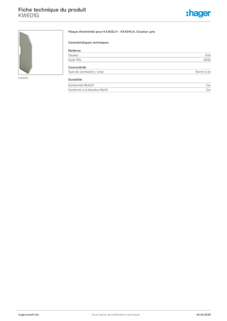Image Hager Fiche technique du produit KWE01G | Hager Belgique