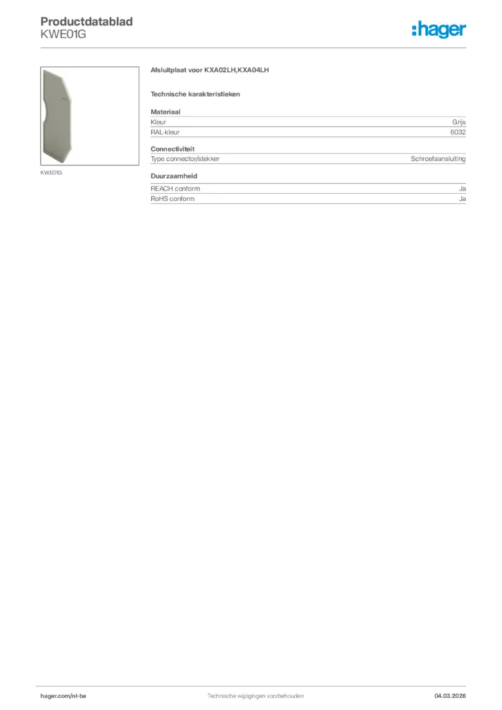 Afbeelding Hager Productdatablad KWE01G | Hager Belgium